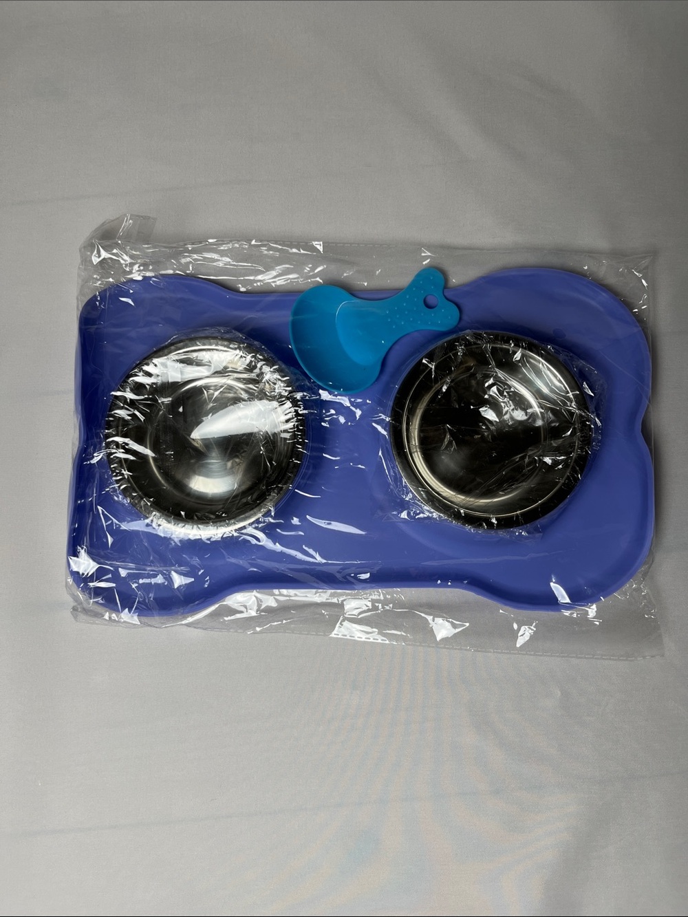 Blue Dual Pet Bowl with Spoon - Silicone Base
